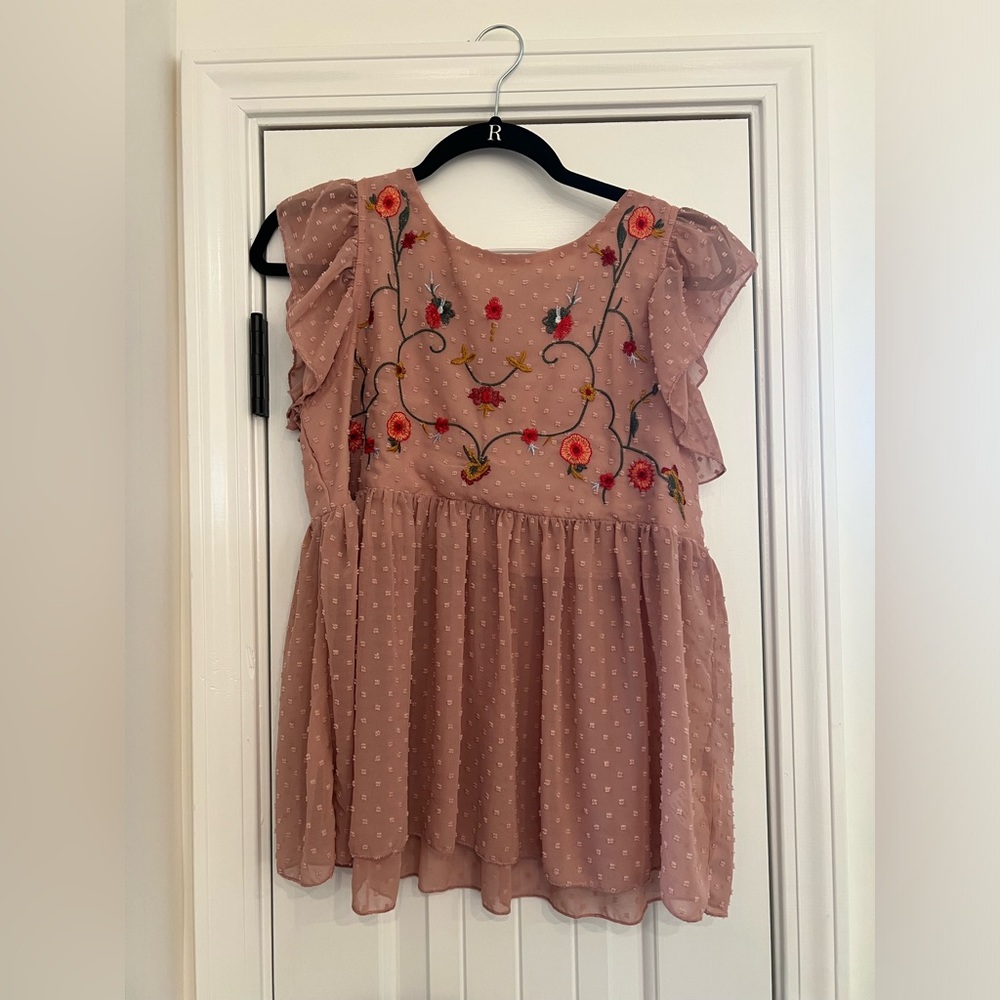 SHEIN pink Ruffle armhole flower embroidered smock top. Size small